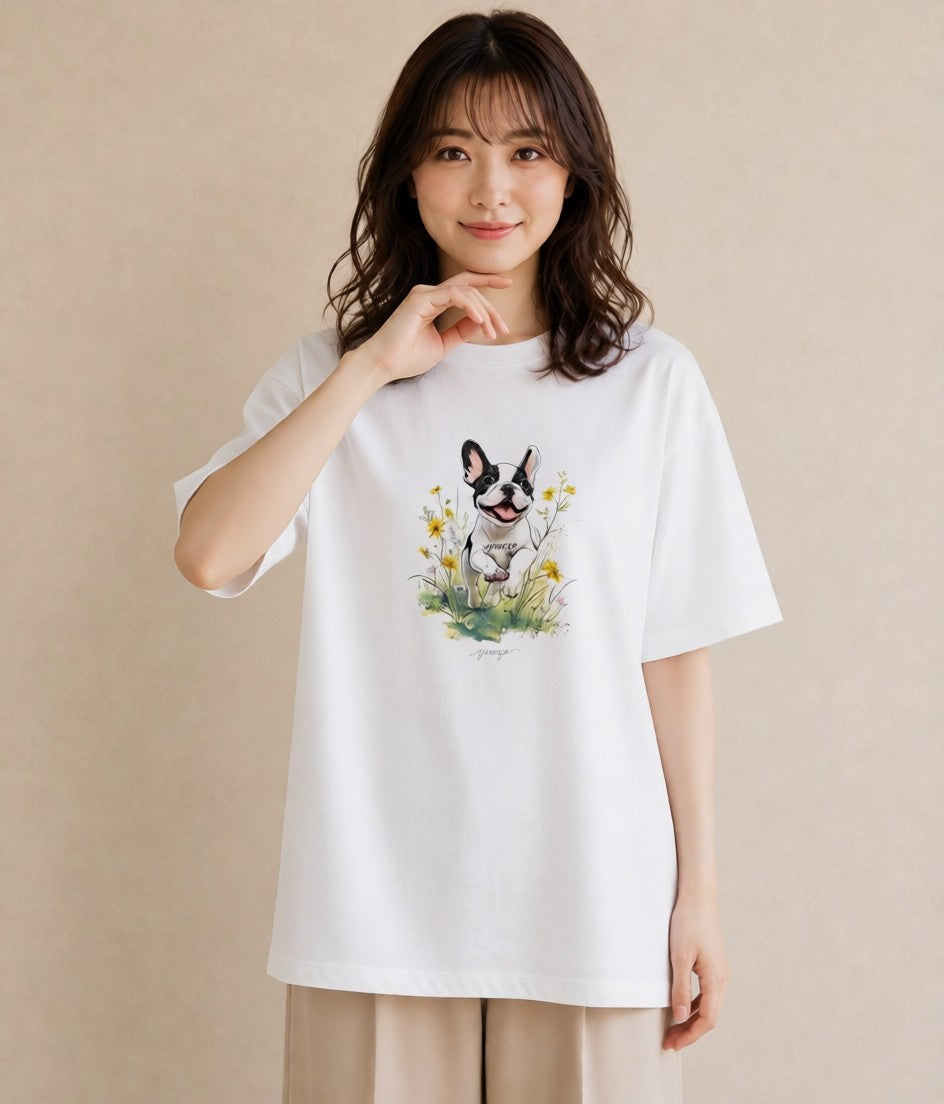 デザインTシャツ レディース フレンチブルドッグ フレブル 犬 いぬ イラスト 手描き風 春服 ミセス 白T YMAZO