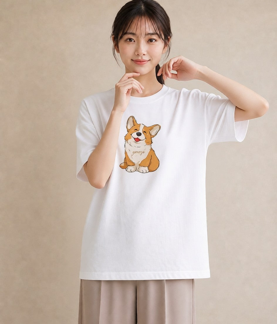 半袖Tシャツ レディース ウェルシュコーギー コーギー 犬 いぬ イラスト カジュアル 女性 旅行用 白T YMAZO