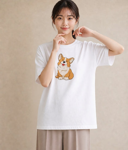 半袖Tシャツ レディース ウェルシュコーギー コーギー 犬 いぬ イラスト カジュアル 女性 旅行用 白T YMAZO
