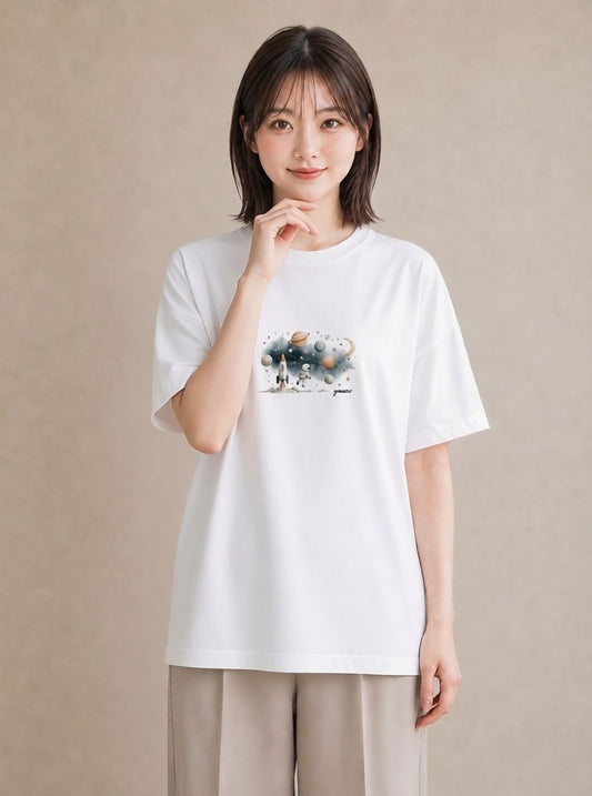 半袖Tシャツ レディース 惑星 星空 宇宙 イラスト アート風 夏コーデ 通学 白T YMAZO