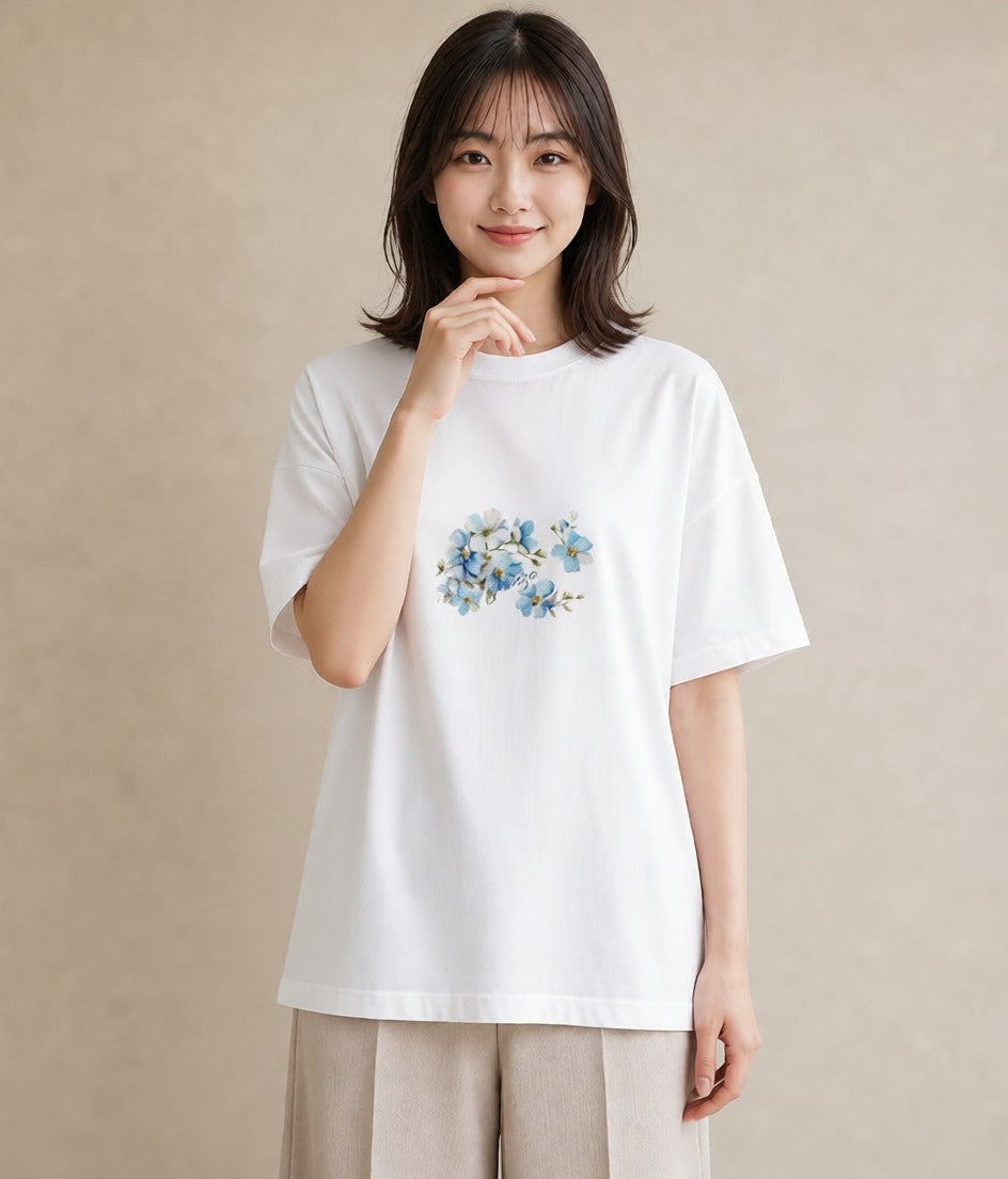 プリントTシャツ レディース あさがお 朝顔 花 花柄 イラスト ミセス 春コーデ 白T