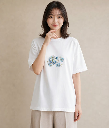 プリントTシャツ レディース あさがお 朝顔 花 花柄 イラスト ミセス 春コーデ 白T