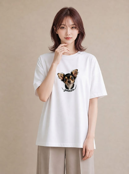半袖Tシャツ レディース ロングコートチワワ 犬 いぬ イラスト ミニマル 姉妹 送別ギフト 白T YMAZO