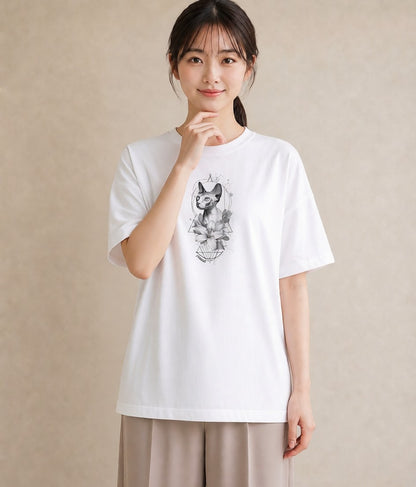 デザインTシャツ レディース スフィンクス 猫 ねこ イラスト ニュアンス デイリーウェア 休日 白T YMAZO