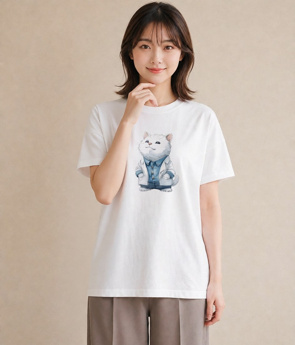 デザインTシャツ レディース アメリカンショートヘア 猫 ねこ イラスト 韓国風 綿100 デート 白T YMAZO
