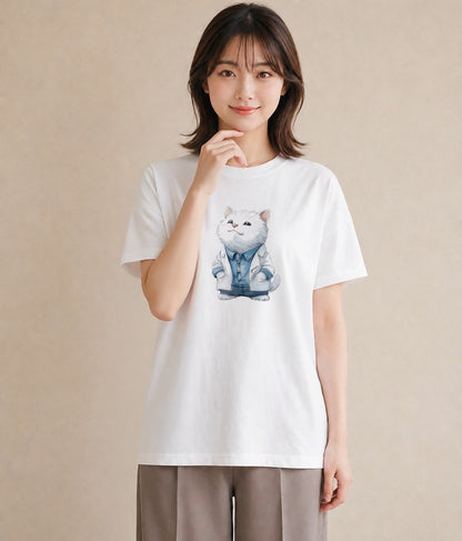 デザインTシャツ レディース アメリカンショートヘア 猫 ねこ イラスト 韓国風 綿100 デート 白T YMAZO