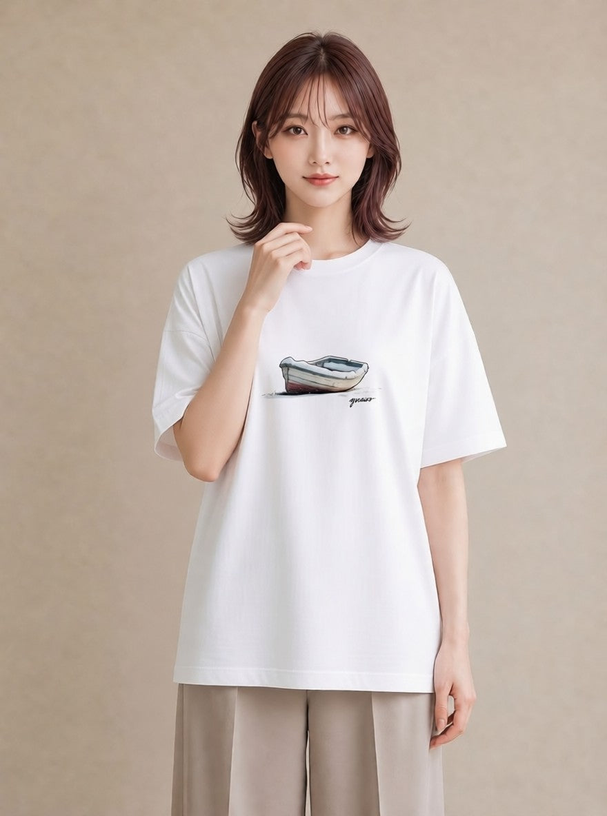 Tシャツ レディース 桟橋 水辺 波止場 ナチュラル アンティーク イラスト カジュアル 帰省 ラフ 白T YMAZO
