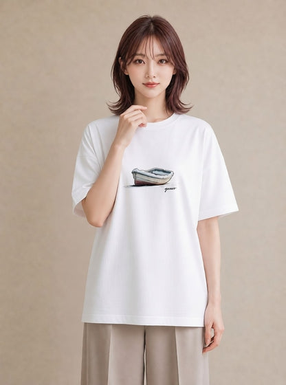 Tシャツ レディース 桟橋 水辺 波止場 ナチュラル アンティーク イラスト カジュアル 帰省 ラフ 白T YMAZO