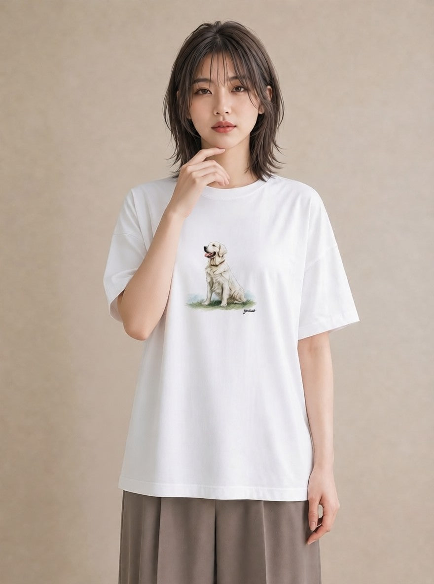 デザインTシャツ レディース ゴールデンレトリバー ゴールデン 犬 いぬ イラスト カフェコーデ レイヤード 友達ギフト 白T YMAZO