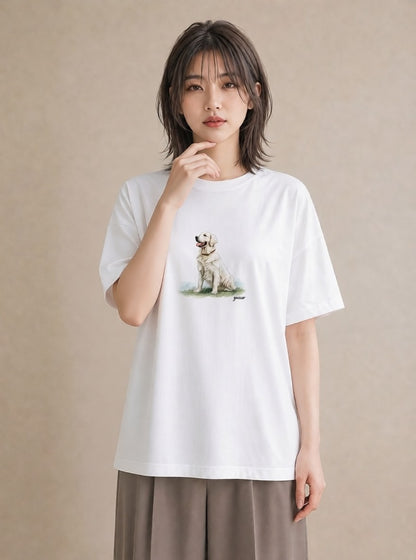 デザインTシャツ レディース ゴールデンレトリバー ゴールデン 犬 いぬ イラスト カフェコーデ レイヤード 友達ギフト 白T YMAZO