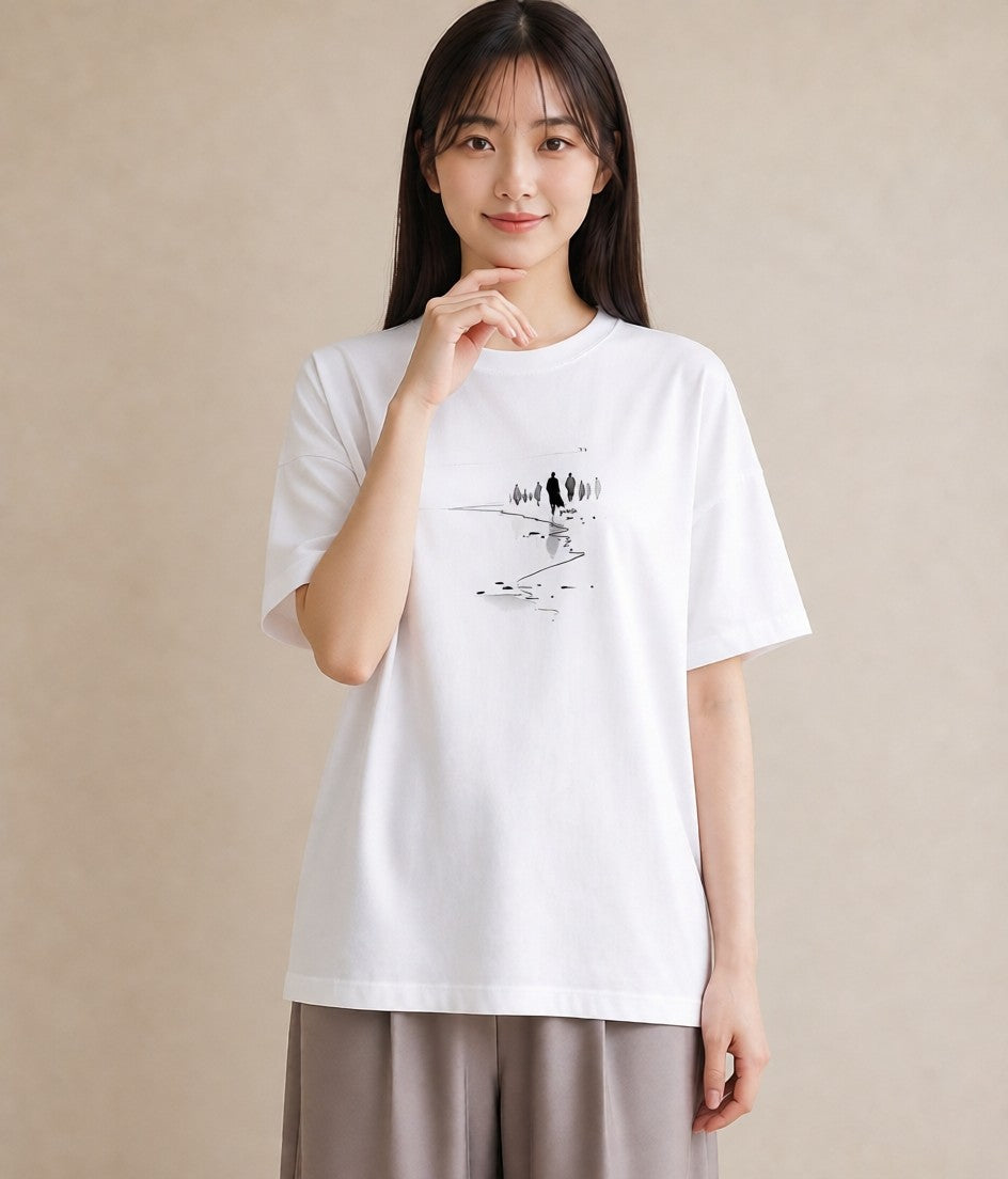 デザインTシャツ レディース 雨上がりの小道 雨上がり 小道 ナチュラル アンティーク イラスト ラフ 旅行 母娘コーデ 白T YMAZO