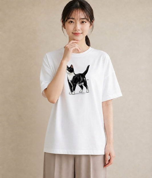 半袖Tシャツ レディース しっぽ 猫 ねこ イラスト ヴィンテージ風 在宅 公園 白T YMAZO