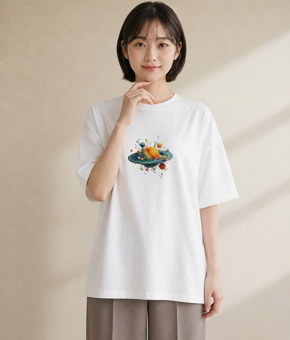 デザインTシャツ レディース 土星 星空 宇宙 イラスト お洒落 旅行用 海 白T YMAZO