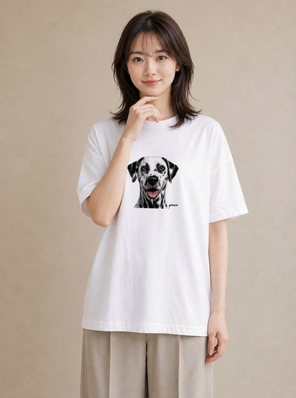 プリントTシャツ レディース ダルメシアン 犬 いぬ イラスト 淡色 カフェ服 クリスマス 白T YMAZO