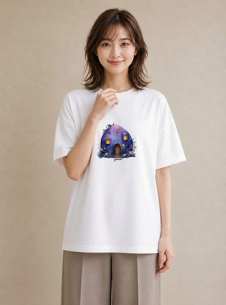 グラフィックTシャツ レディース 灯りの家 小屋 夜 ナチュラル アンティーク イラスト ボタニカル 誕生日プレゼント 綿100 白T YMAZO