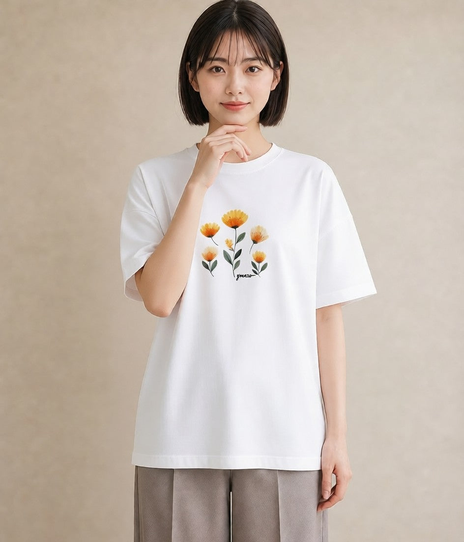 Tシャツ レディース ミモザ 花 花柄 イラスト きれいめ 夏コーデ 通学 白T YMAZO