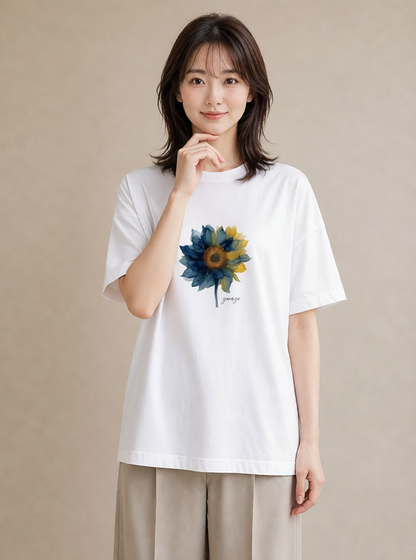 プリントTシャツ レディース ひまわり 向日葵 花 花柄 イラスト 抜け感 部屋着 女性向けギフト 白T