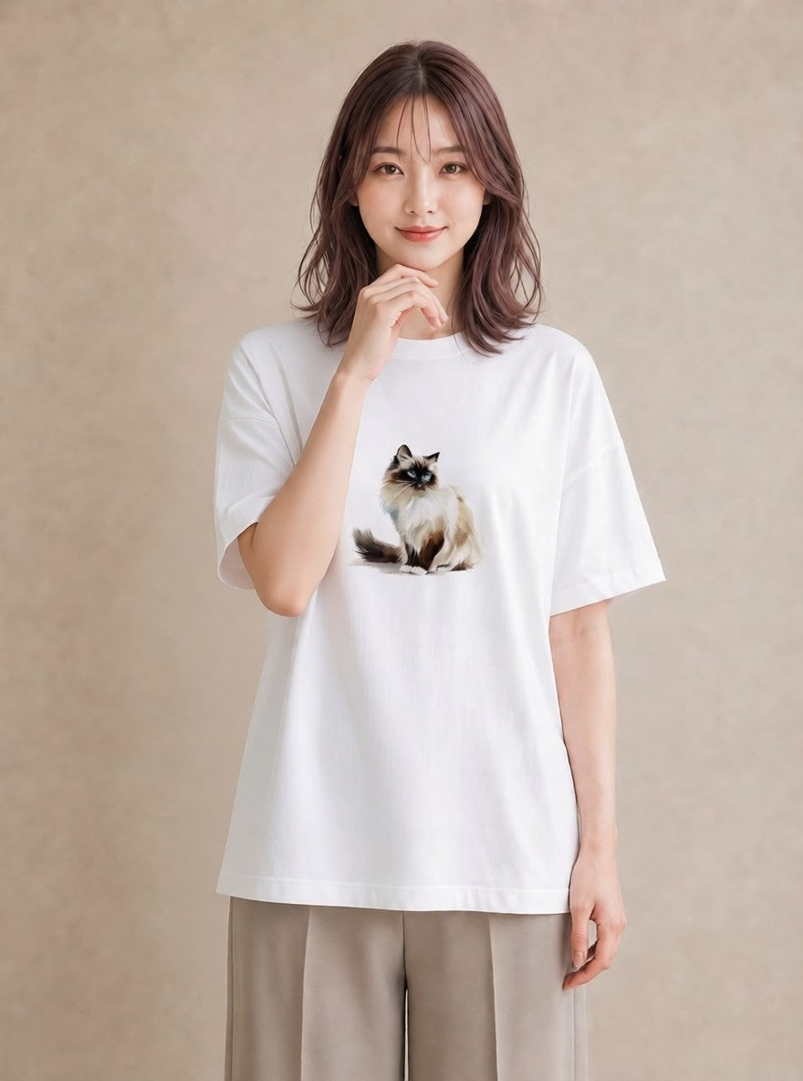 グラフィックTシャツ レディース 猫 ねこ イラスト ゆるコーデ カジュアルコーデ 買い物 白T YMAZO