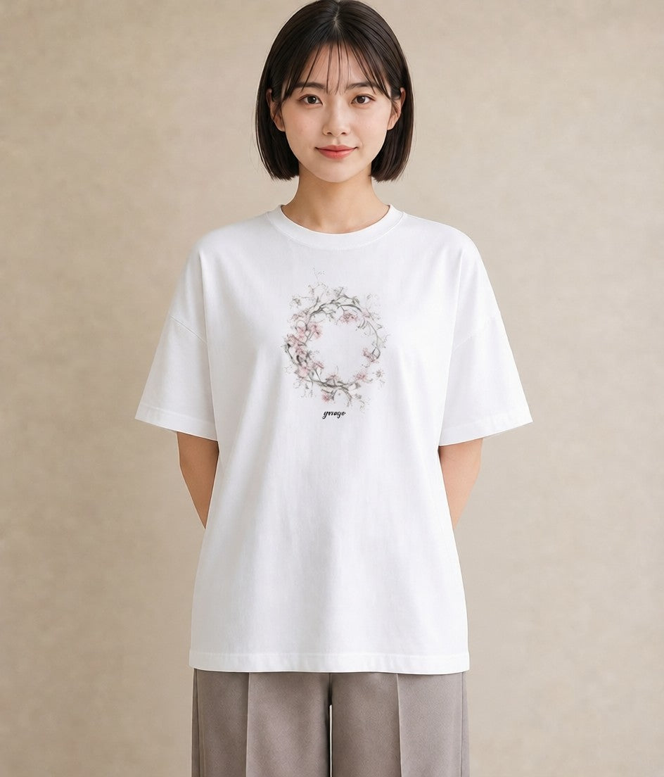 Tシャツ レディース レースハンカチ レース ハンカチ ナチュラル アンティーク イラスト アート風 春服 ミセス 白T YMAZO