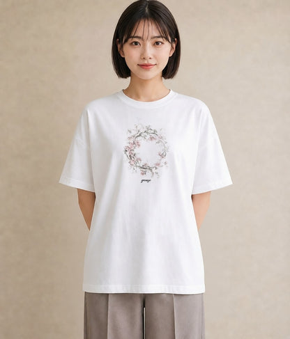 Tシャツ レディース レースハンカチ レース ハンカチ ナチュラル アンティーク イラスト アート風 春服 ミセス 白T YMAZO