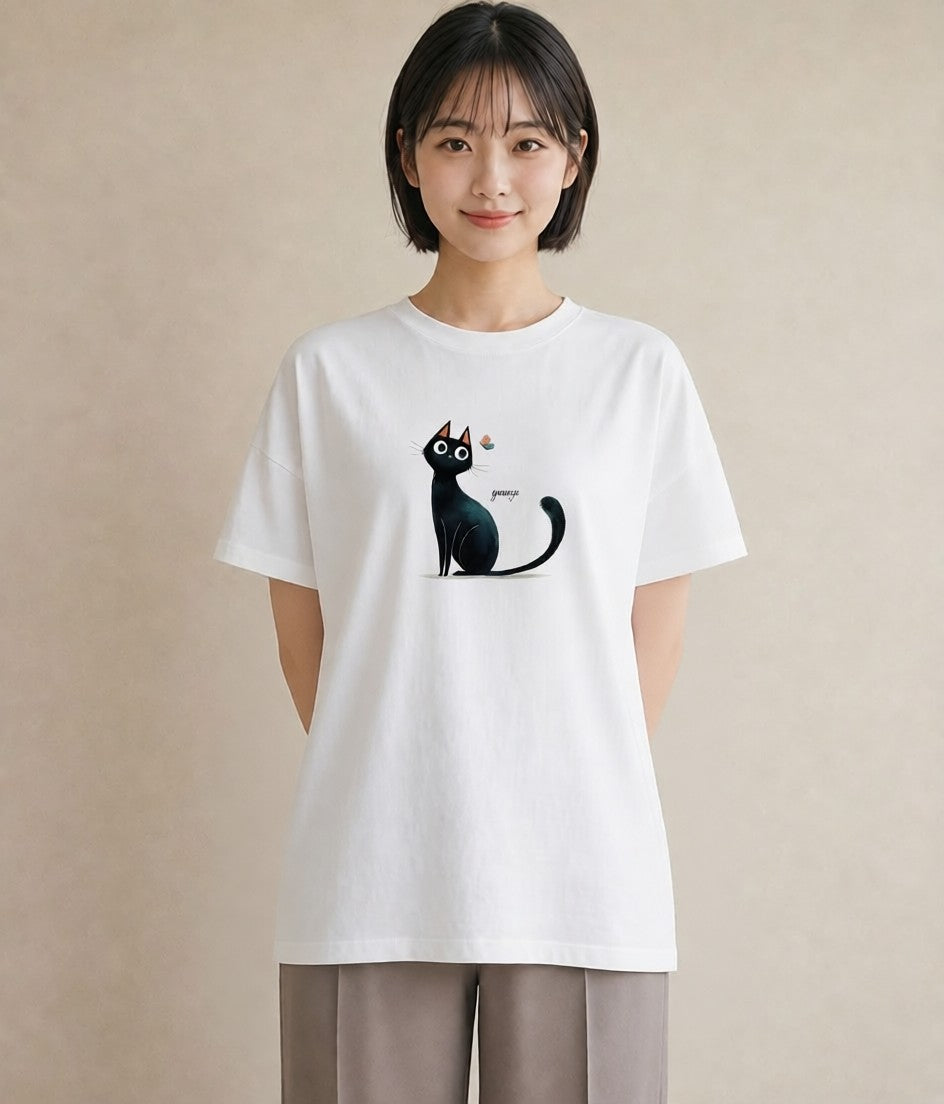 半袖Tシャツ レディース 黒猫 猫 ねこ イラスト ユニーク 20代 カジュアルコーデ 白T YMAZO