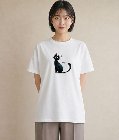 半袖Tシャツ レディース 黒猫 猫 ねこ イラスト ユニーク 20代 カジュアルコーデ 白T YMAZO