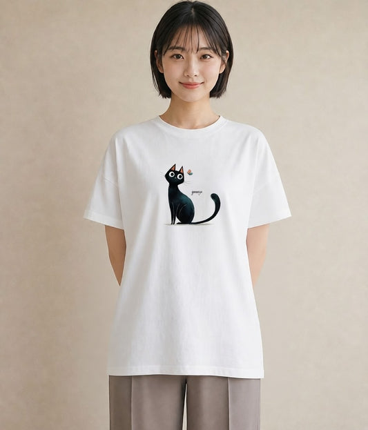 半袖Tシャツ レディース 黒猫 猫 ねこ イラスト ユニーク 20代 カジュアルコーデ 白T YMAZO
