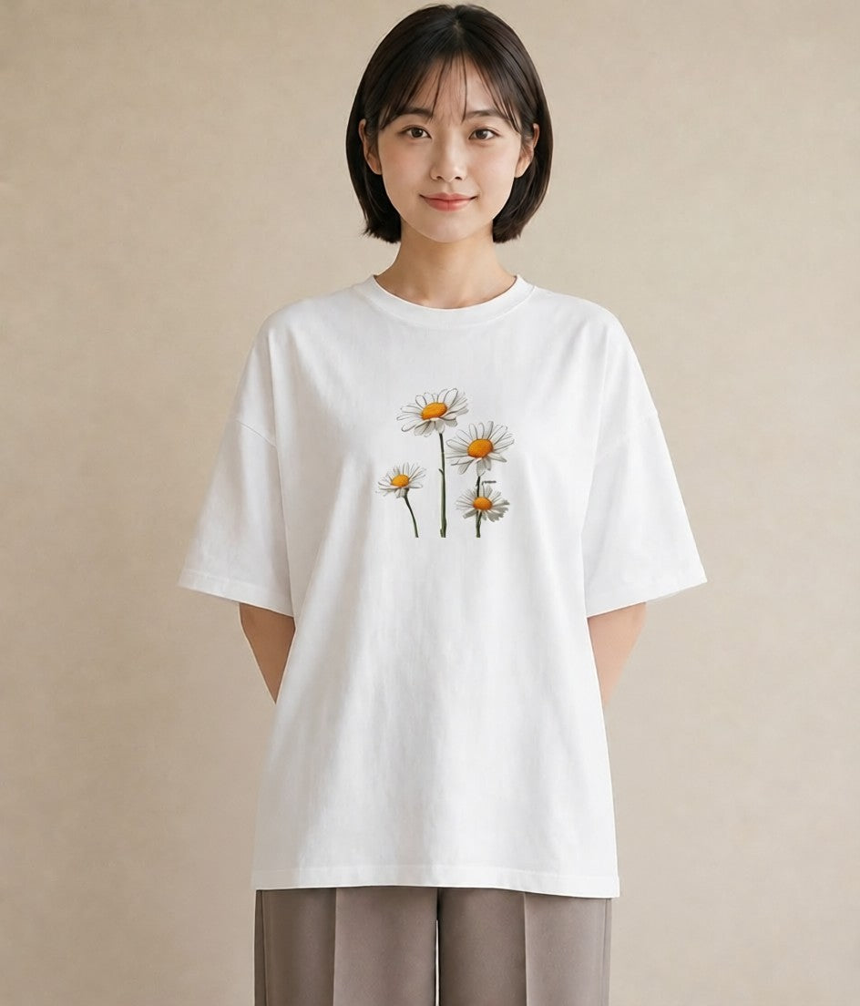 半袖Tシャツ レディース マーガレット 花 花柄 イラスト 淡色 帰省 ラフ 白T
