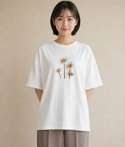 半袖Tシャツ レディース マーガレット 花 花柄 イラスト 淡色 帰省 ラフ 白T