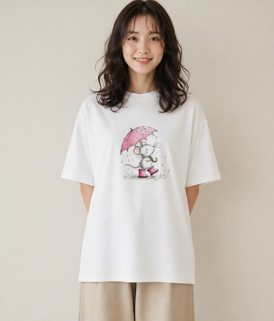 デザインTシャツ レディース 傘 水たまり 雨 ナチュラル アンティーク イラスト お洒落 通学 誕生日プレゼント 白T YMAZO