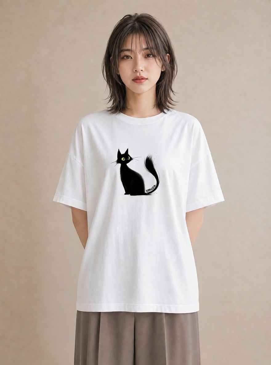 Tシャツ レディース 黒猫 猫 ねこ イラスト 上品 週末コーデ 敬老の日 白T YMAZO
