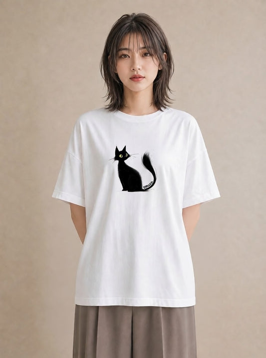 Tシャツ レディース 黒猫 猫 ねこ イラスト 上品 週末コーデ 敬老の日 白T YMAZO