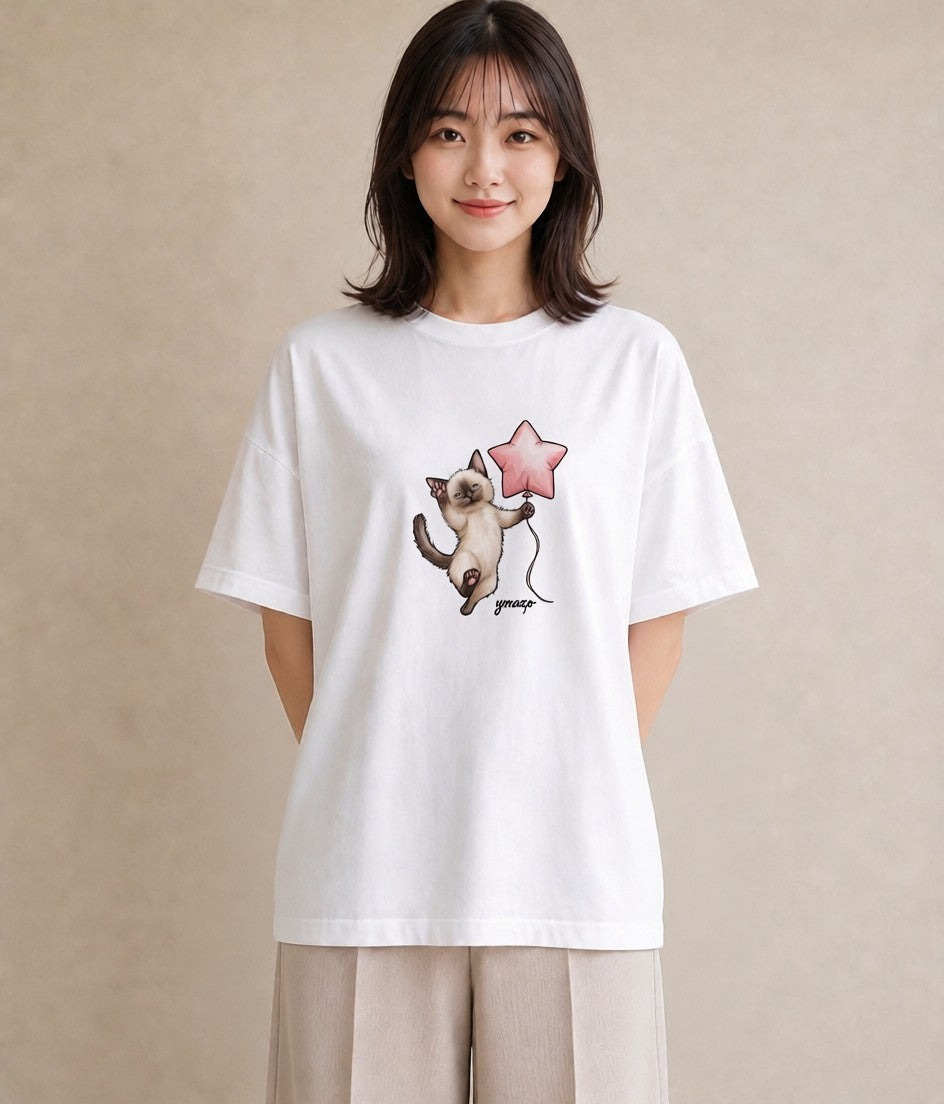 Tシャツ レディース シャム柄 猫 ねこ イラスト ナチュラル 母の日 ビーチ 白T YMAZO