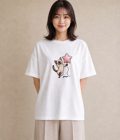 Tシャツ レディース シャム柄 猫 ねこ イラスト ナチュラル 母の日 ビーチ 白T YMAZO
