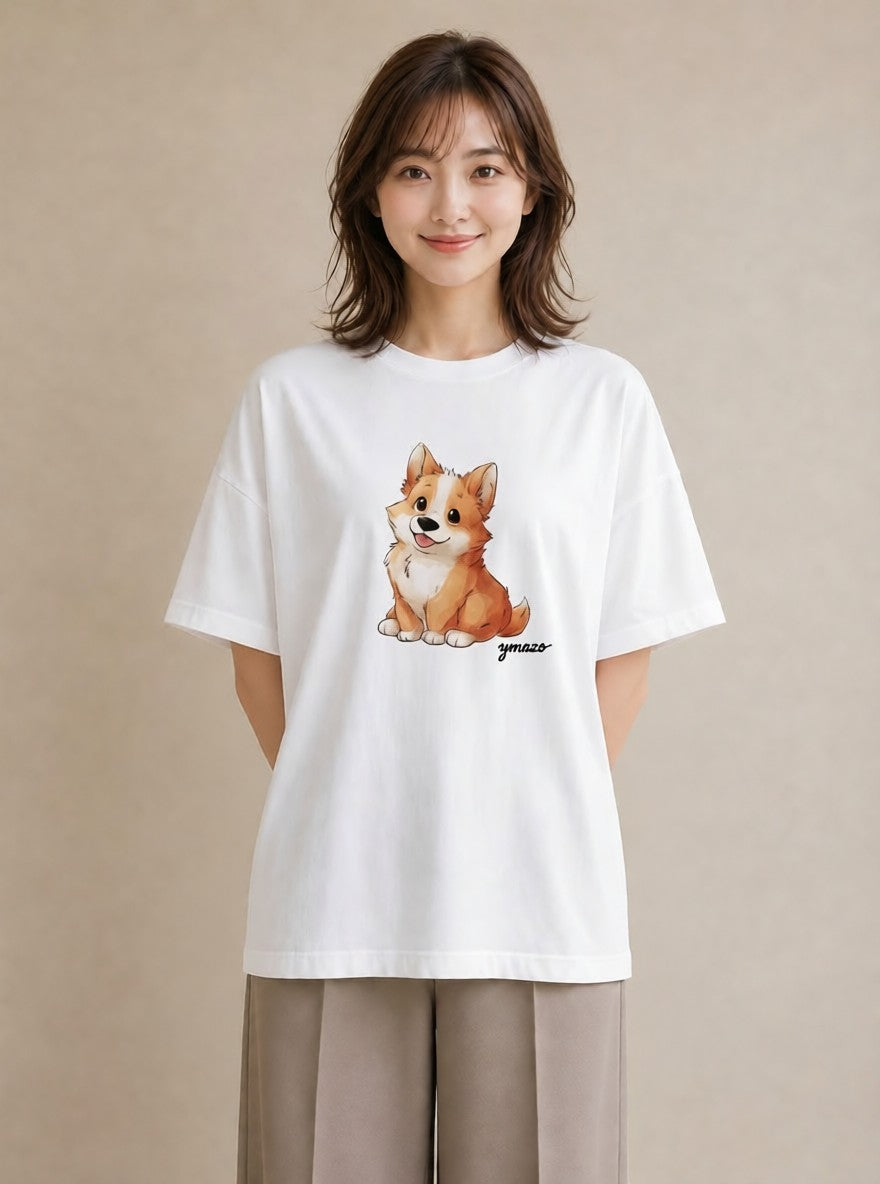 Tシャツ レディース ウェルシュコーギー コーギー 犬 いぬ イラスト シンプル デイリーウェア 休日 白T YMAZO