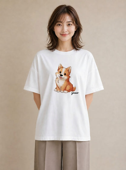 Tシャツ レディース ウェルシュコーギー コーギー 犬 いぬ イラスト シンプル デイリーウェア 休日 白T YMAZO