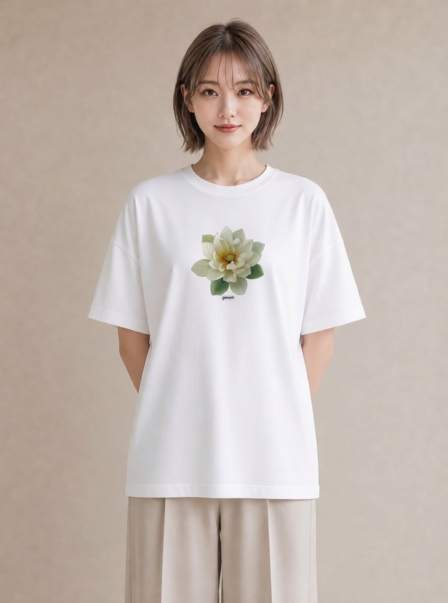 グラフィックTシャツ レディース 蓮 花 花柄 イラスト ゆるコーデ デート 帰省 白T YMAZO