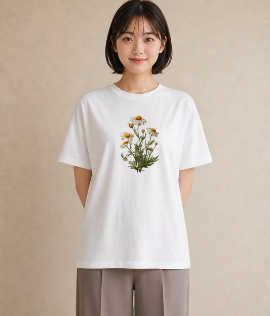 デザインTシャツ レディース デイジー 花 花柄 イラスト ヴィンテージ風 自分用 ルームウェア 白T YMAZO