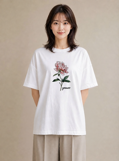 プリントTシャツ レディース 牡丹 花 花柄 イラスト ヴィンテージ風 部屋着 女性向けギフト 白T YMAZO