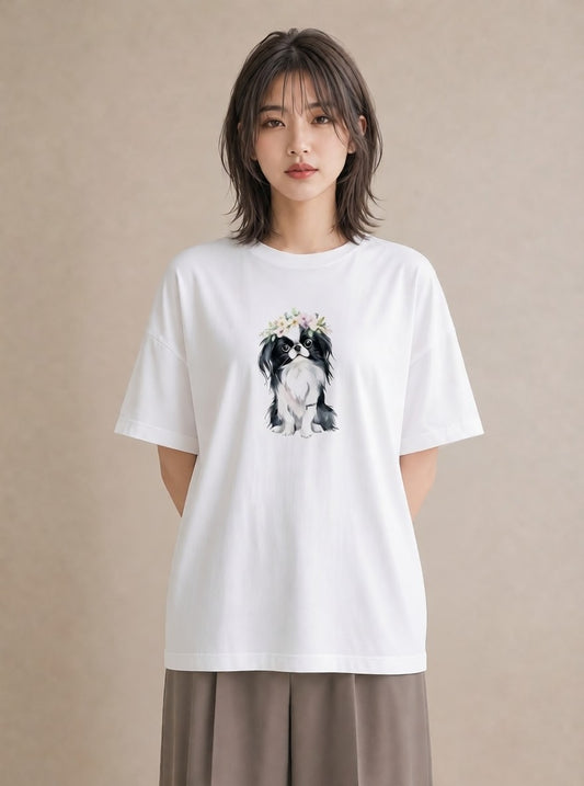 半袖Tシャツ レディース 狆 犬 いぬ イラスト フェミニン 春服 ミセス 白T YMAZO