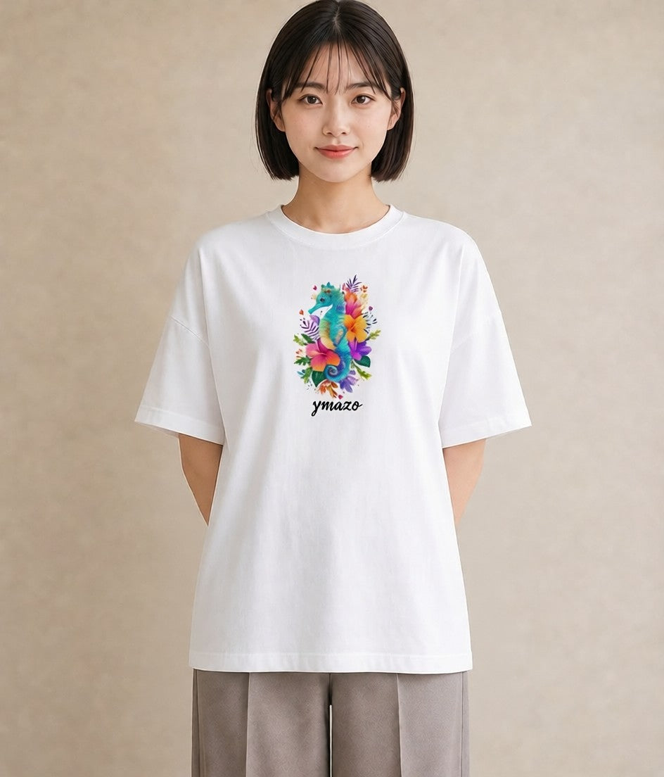 Tシャツ レディース タツノオトシゴ 海の生き物 海 イラスト 普段使い デート 帰省 白T YMAZO