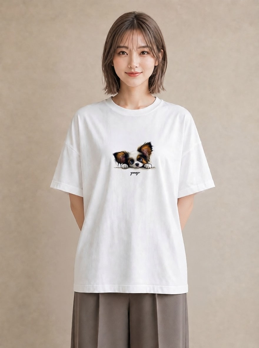 デザインTシャツ レディース パピヨン 犬 いぬ イラスト 線画 ホワイトデー 春服 白T YMAZO