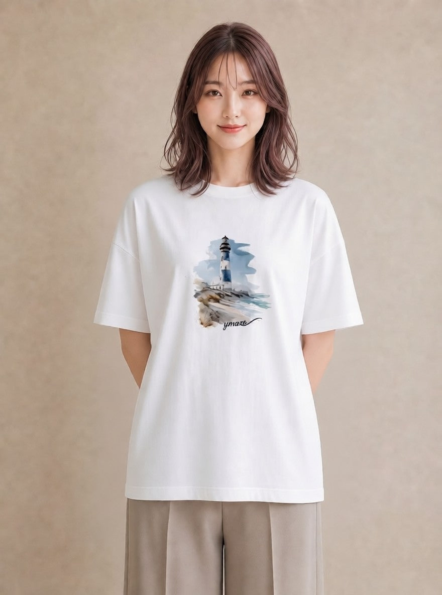 Tシャツ レディース 灯台 霧 海 ナチュラル アンティーク イラスト ヴィンテージ風 散歩 お出かけ 白T YMAZO