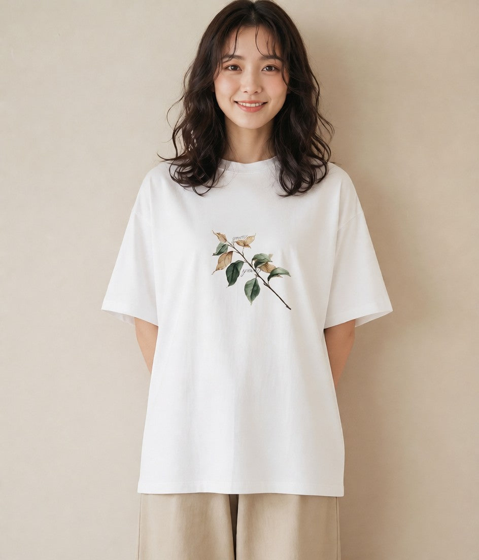 プリントTシャツ レディース 落ち葉 植物 ボタニカル イラスト カジュアル 海 カフェ巡り 白T YMAZO