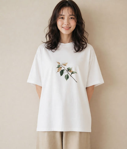 プリントTシャツ レディース 落ち葉 植物 ボタニカル イラスト カジュアル 海 カフェ巡り 白T YMAZO
