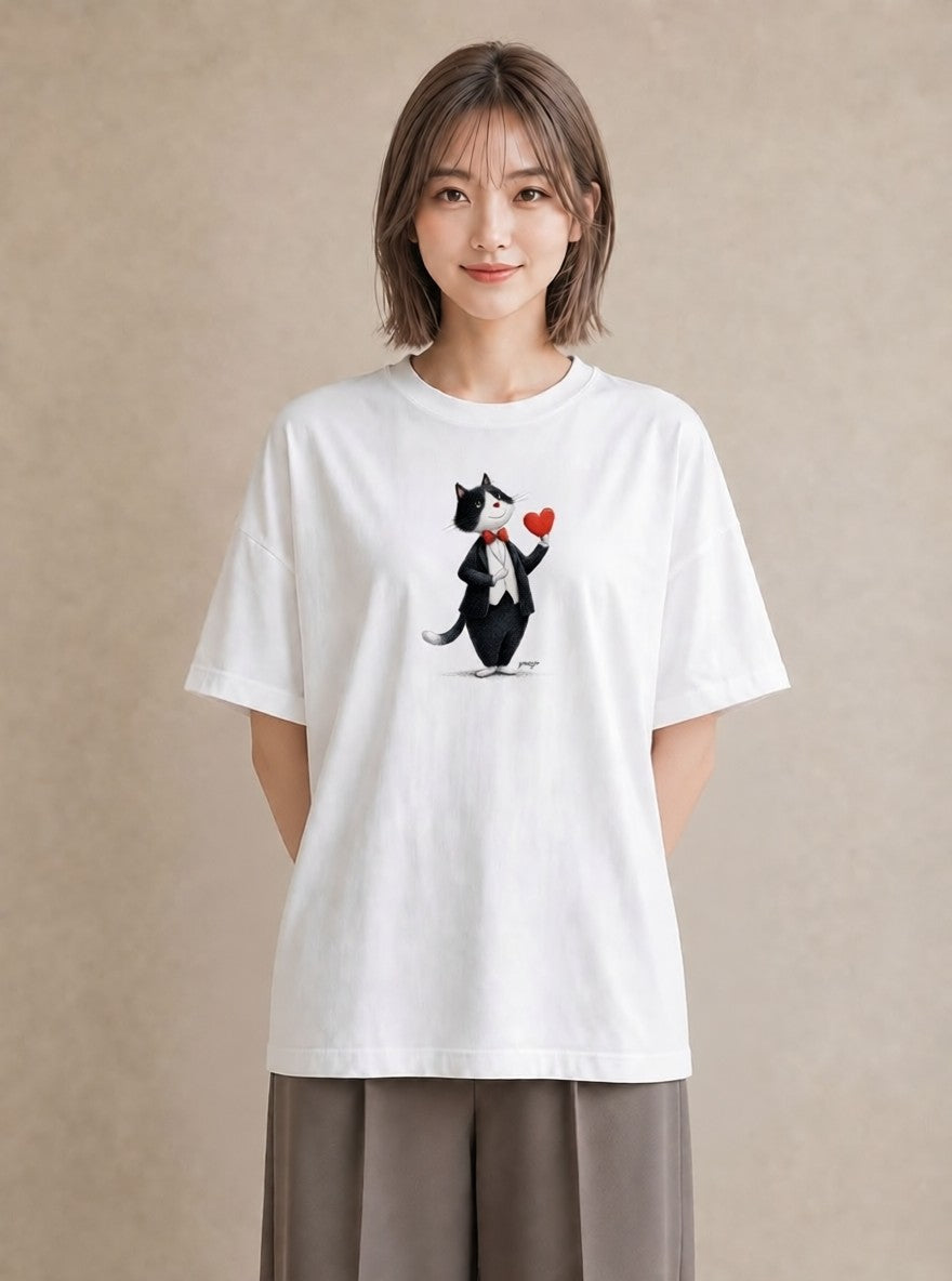 Tシャツ レディース ハチワレ 白黒猫 猫 ねこ イラスト 線画 帰省 ラフ 白T YMAZO