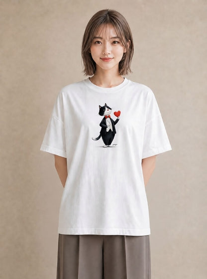 Tシャツ レディース ハチワレ 白黒猫 猫 ねこ イラスト 線画 帰省 ラフ 白T YMAZO