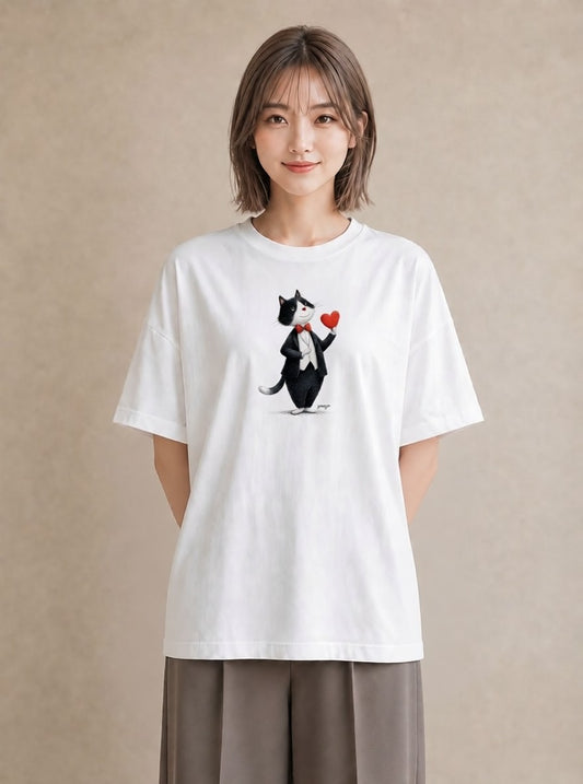 Tシャツ レディース ハチワレ 白黒猫 猫 ねこ イラスト 線画 帰省 ラフ 白T YMAZO