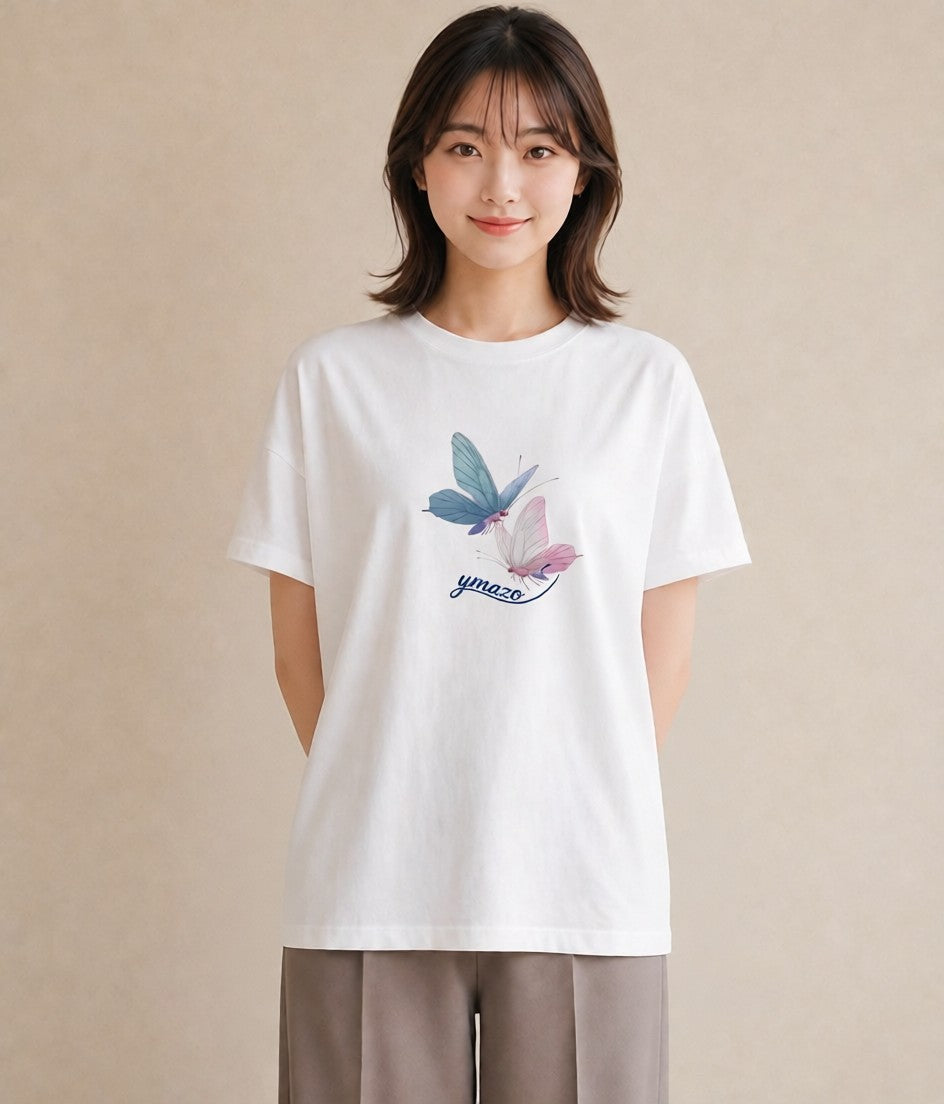 半袖Tシャツ レディース ちょうちょ 蝶 バタフライ 昆虫 虫 イラスト カフェコーデ 送別ギフト 通勤 白T YMAZO