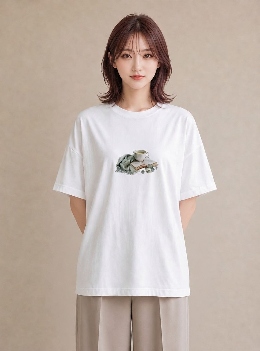 グラフィックTシャツ レディース ハーブティー 食べ物 フード イラスト 淡色 ビーチ デイリーウェア 白T YMAZO